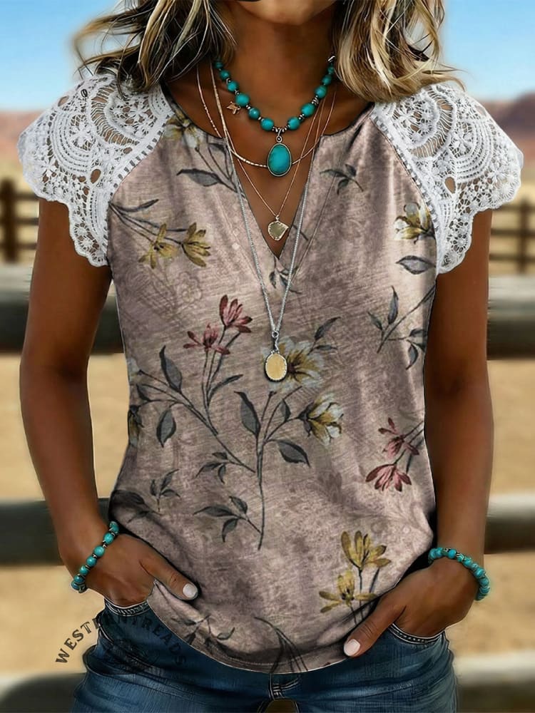 Women's Vintage Floral Print Lace Patchwork Top