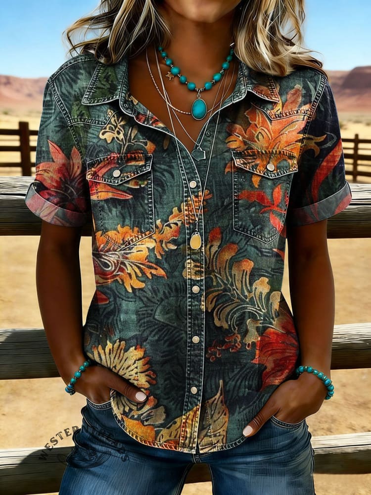 Women's Vintage Floral Print Lapel Short Sleeve Denim Shirt