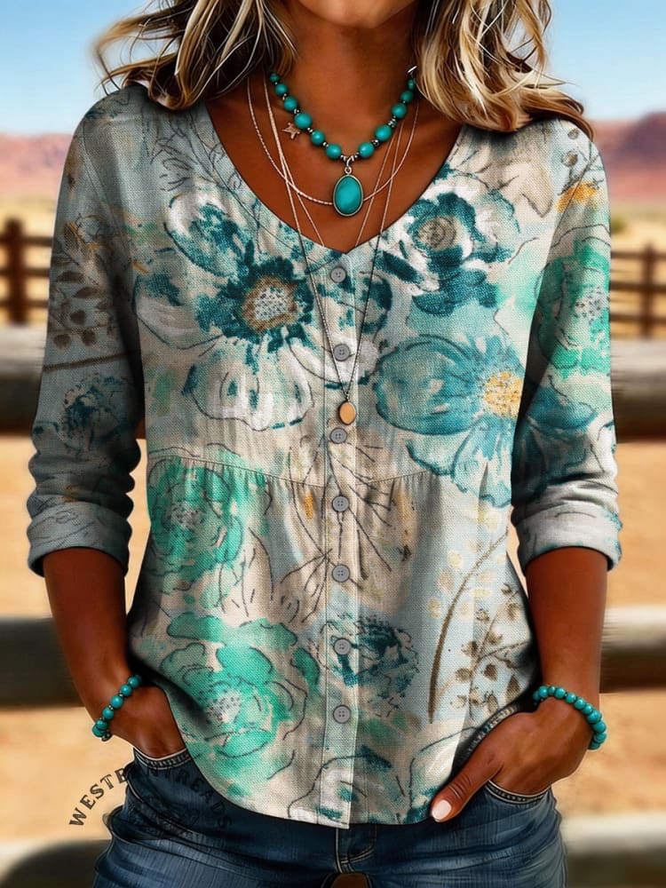 Women's Vintage Floral Print Linen And Cotton Shirt