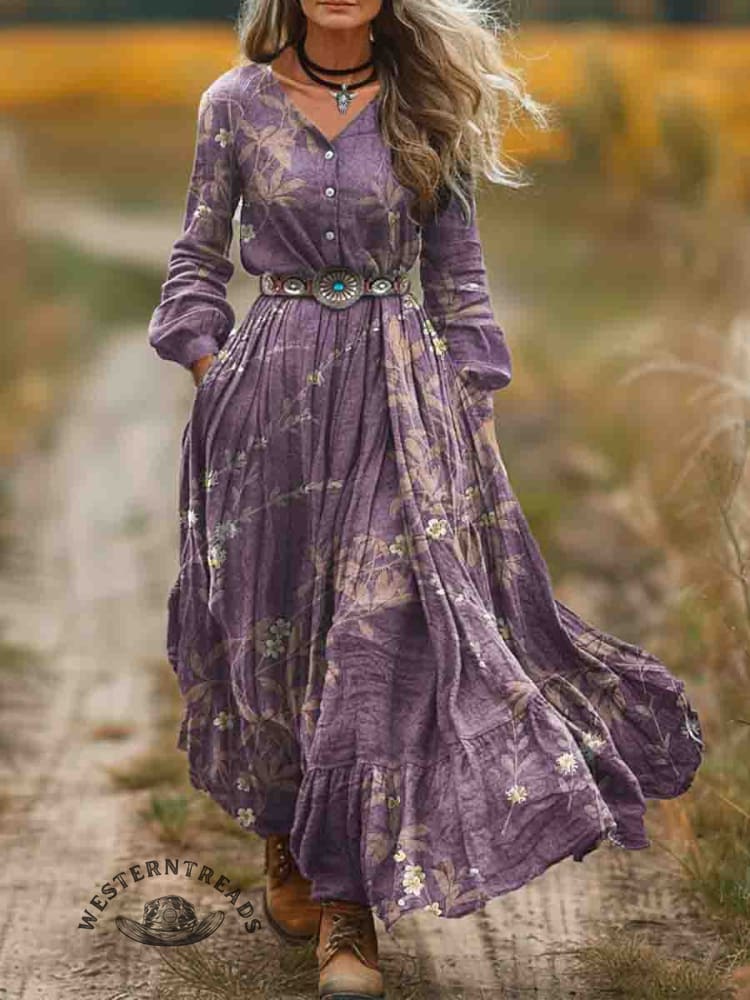 Women's Vintage Floral Print Pocket Cotton Dress
