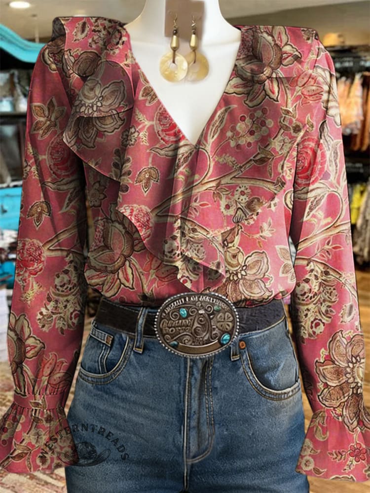 Women's Vintage Floral Print Ruffle Shirt