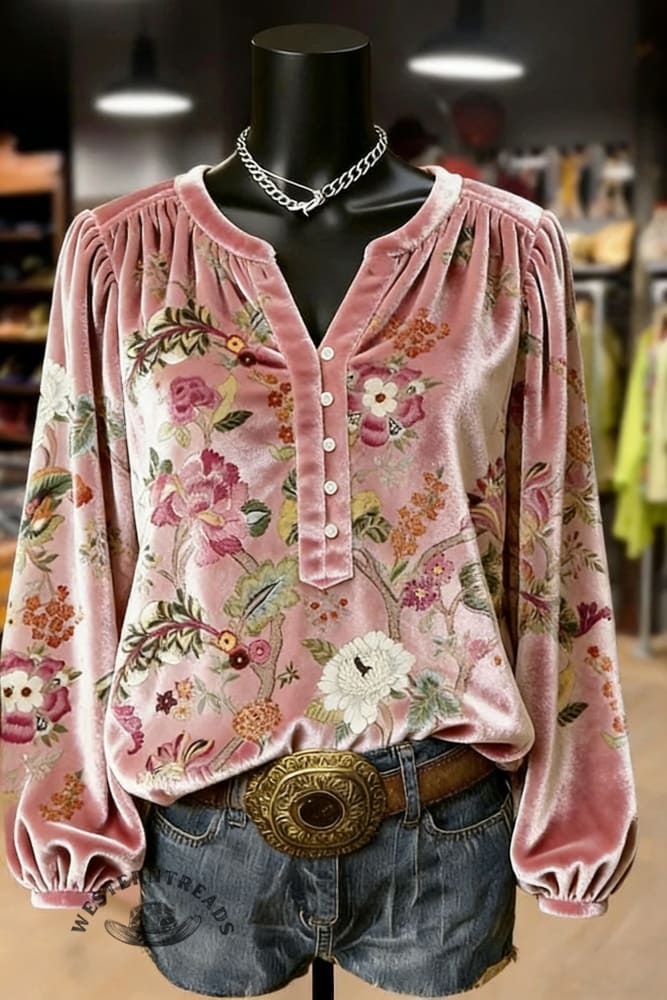 Women's Vintage Floral Print Velvet Balloon Sleeve Shirt