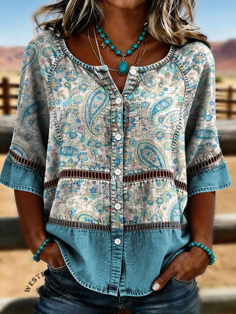 Women's Vintage Floral Quilted Patchwork Print Casual Hollow Denim Shirt