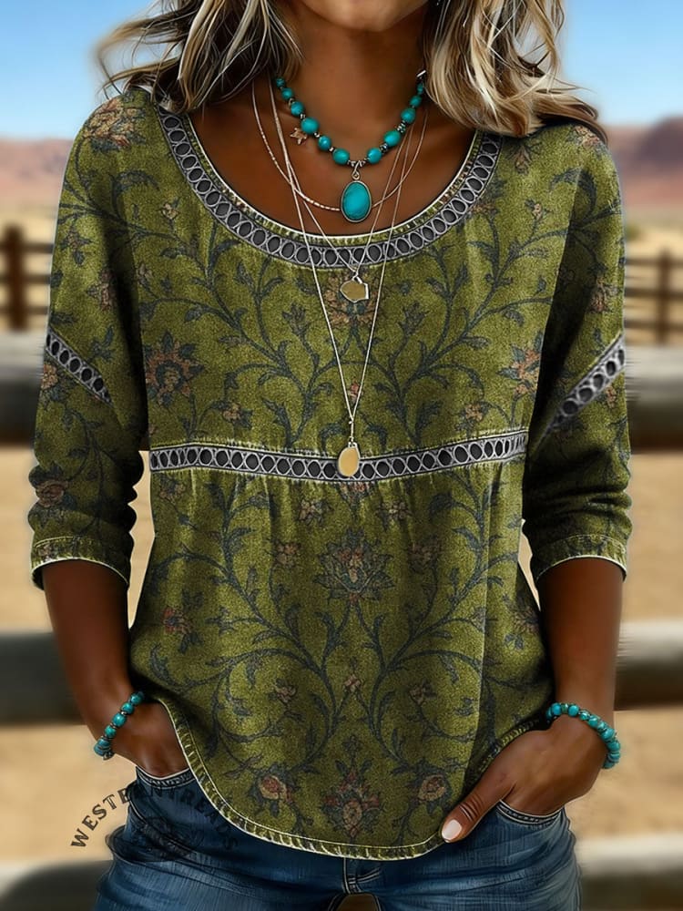 Women's Vintage Flowers Print Casual 3/4 Sleeves Hollow Denim Shirt