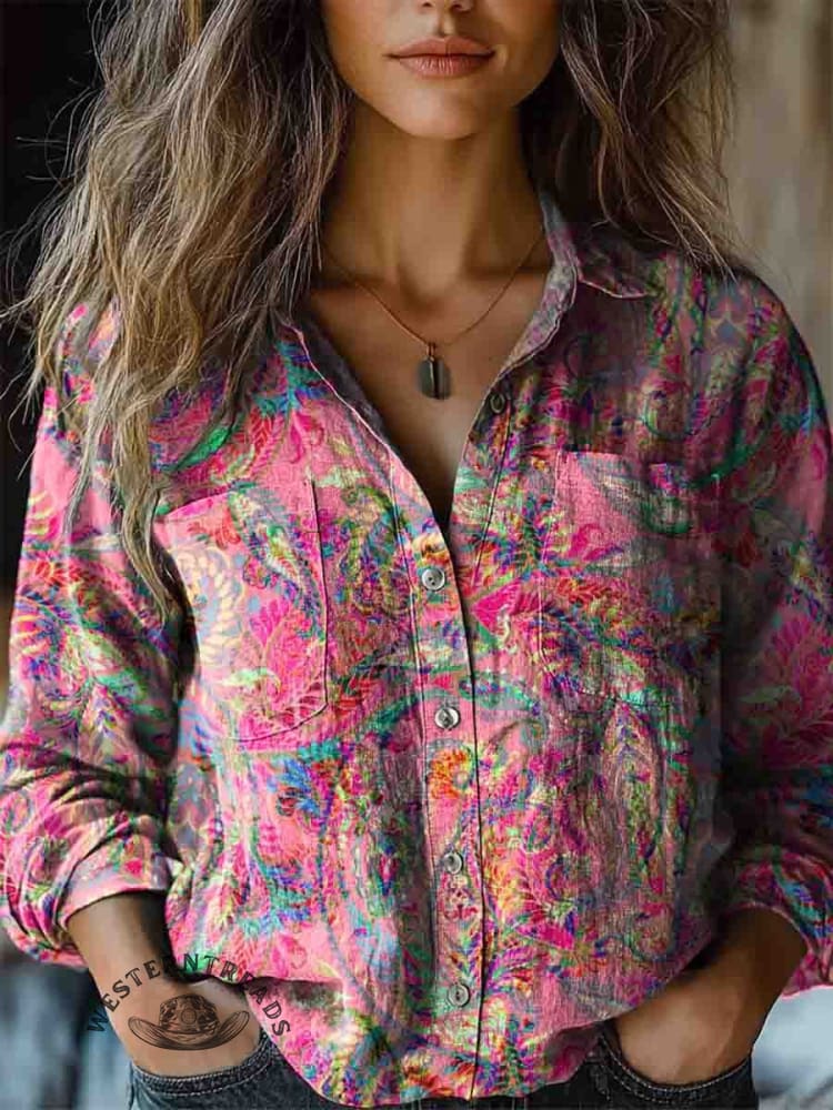 Women's Vintage Folk Floral Art Print Long Sleeve Comfortable Cotton Shirt