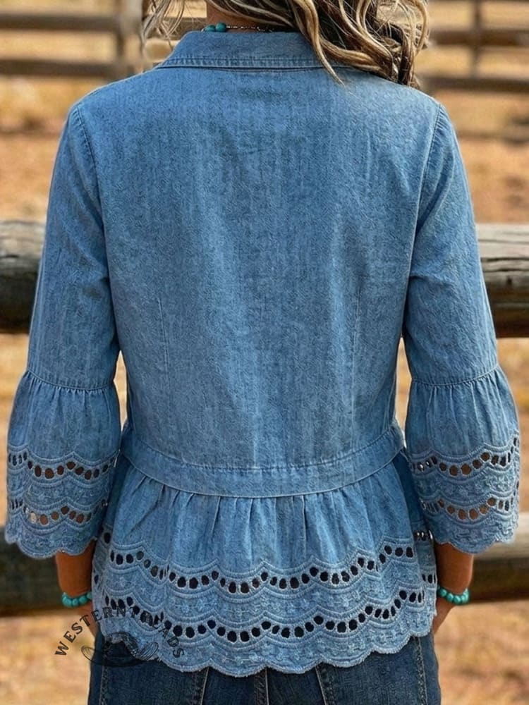 Women's Vintage Hollow Denim Shirt - Image 2