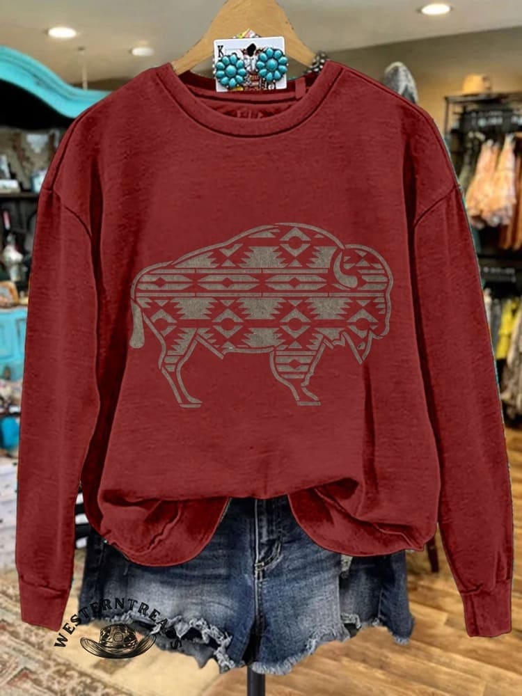 🔥Hot Sale🔥Women's Vintage buffalo Print Casual Sweatshirt - Image 3