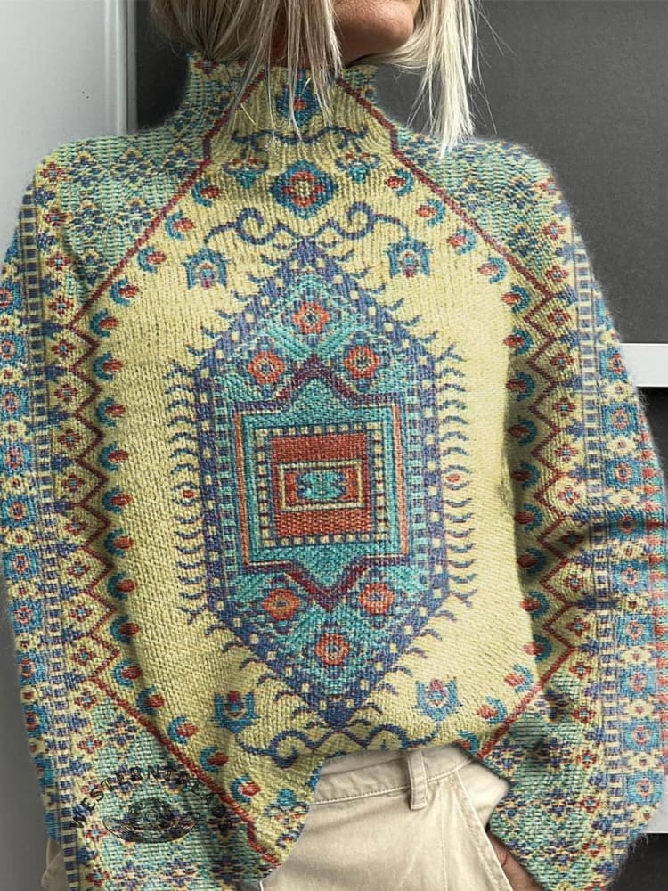 Women's Vintage Lovely Floral Art Print Knit Turtleneck Pullover Sweater