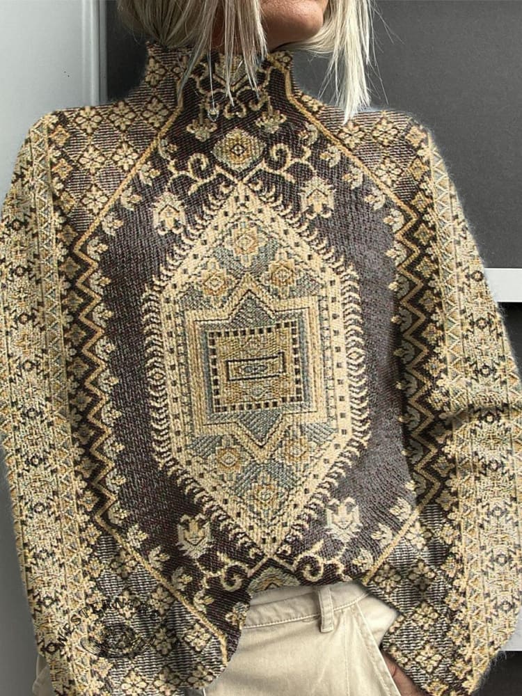Women's Vintage Lovely Floral Art Print Knit Turtleneck Pullover Sweater - Image 4