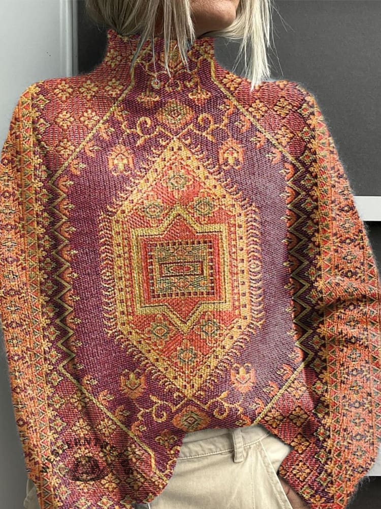 Women's Vintage Lovely Floral Art Print Knit Turtleneck Pullover Sweater - Image 5