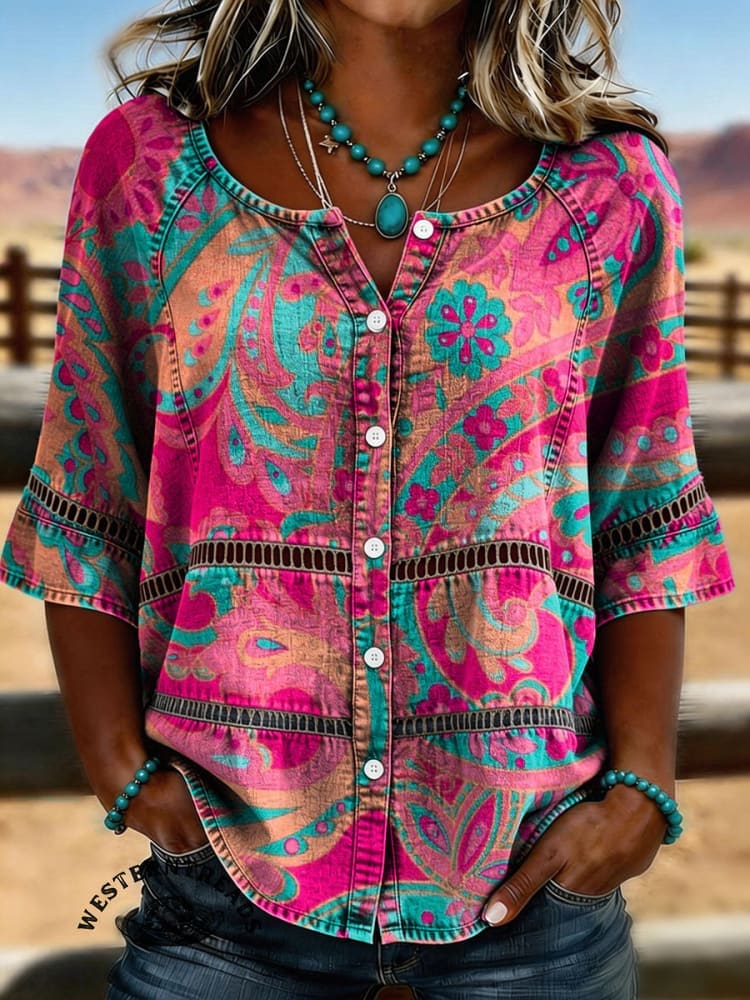 Women's Vintage Paisley Print Casual Short Sleeves Denim Shirt - Image 3