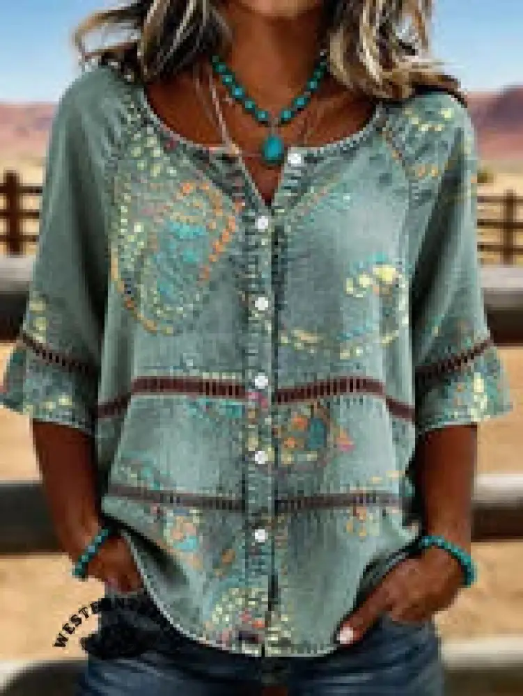 Women's Vintage Print Casual Hollow Denim Shirt - Image 2