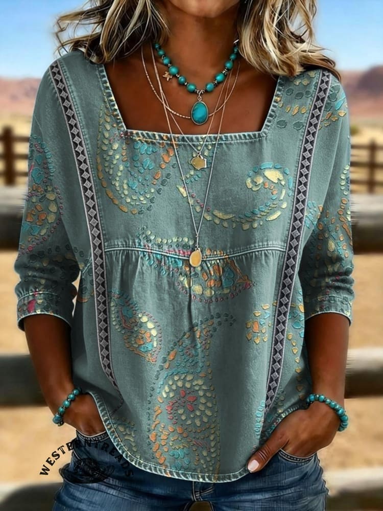 Women's Vintage Print Casual Hollow Denim Shirt - Image 3