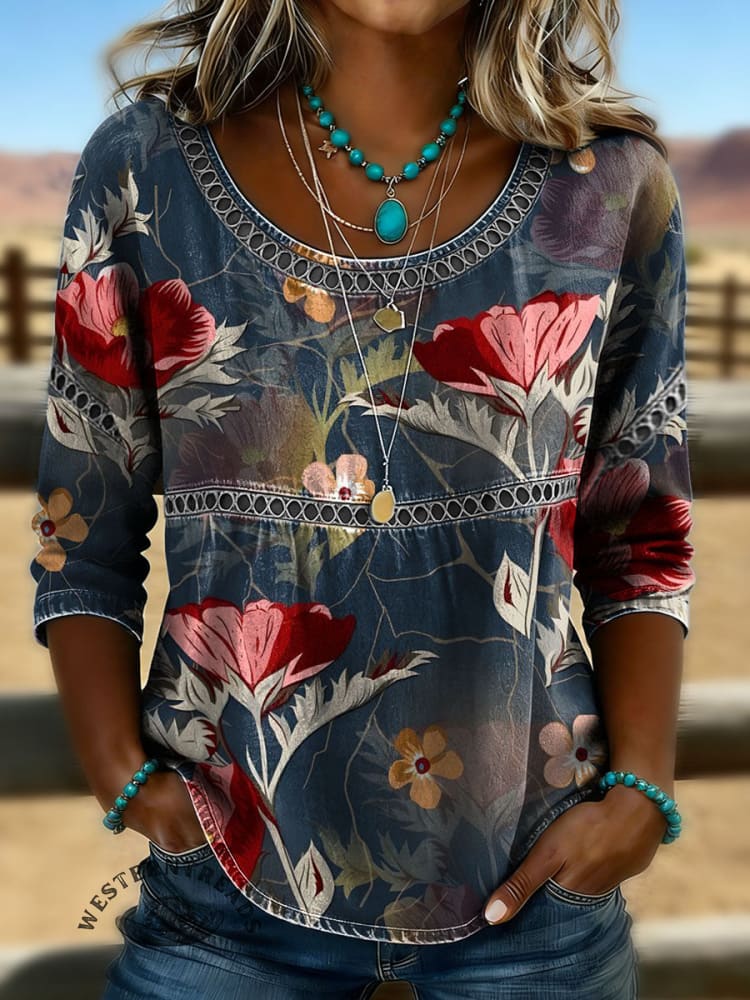 Women's Vintage Print Casual 3/4 Sleeves Hollow Denim Shirt