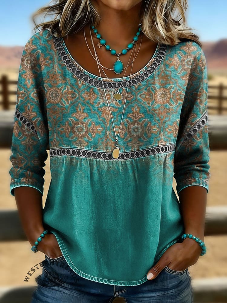 Women's Vintage Print Casual 3/4 Sleeves Hollow Denim Shirt