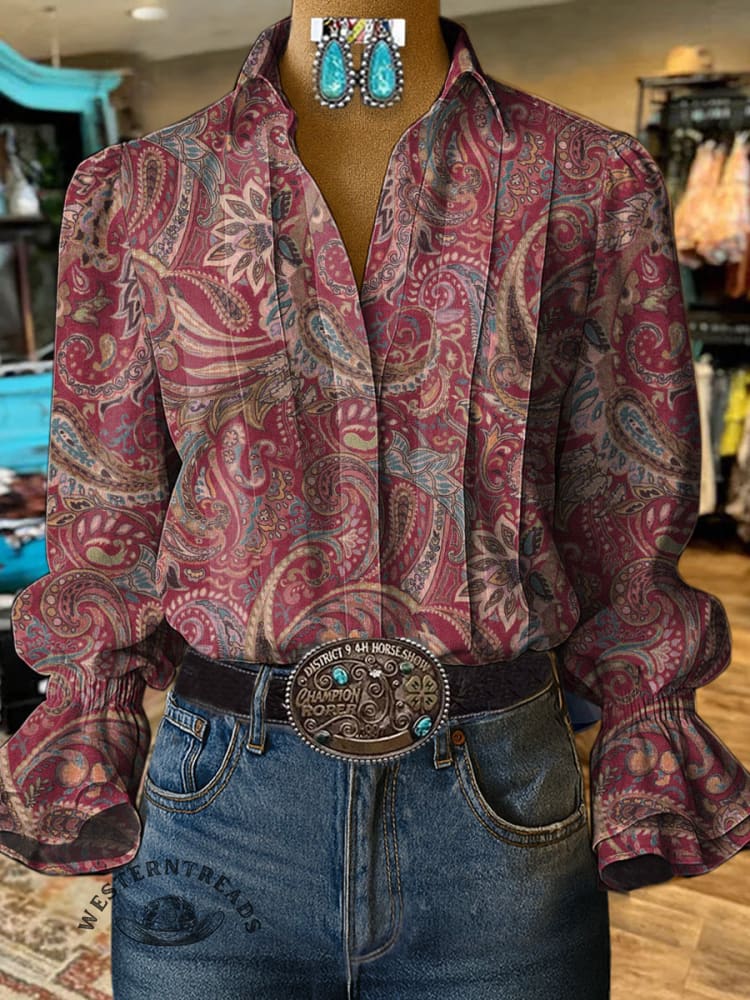 Women's Vintage Print Casual Cotton And Linen Shirt