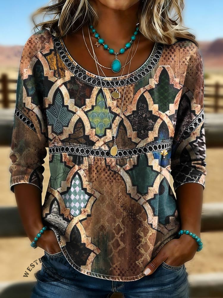 Women's Vintage Print Casual Hollow Denim Shirt