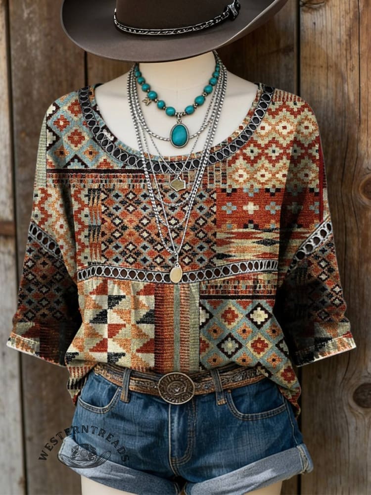 Women's Vintage Print Casual Hollow Denim Shirt