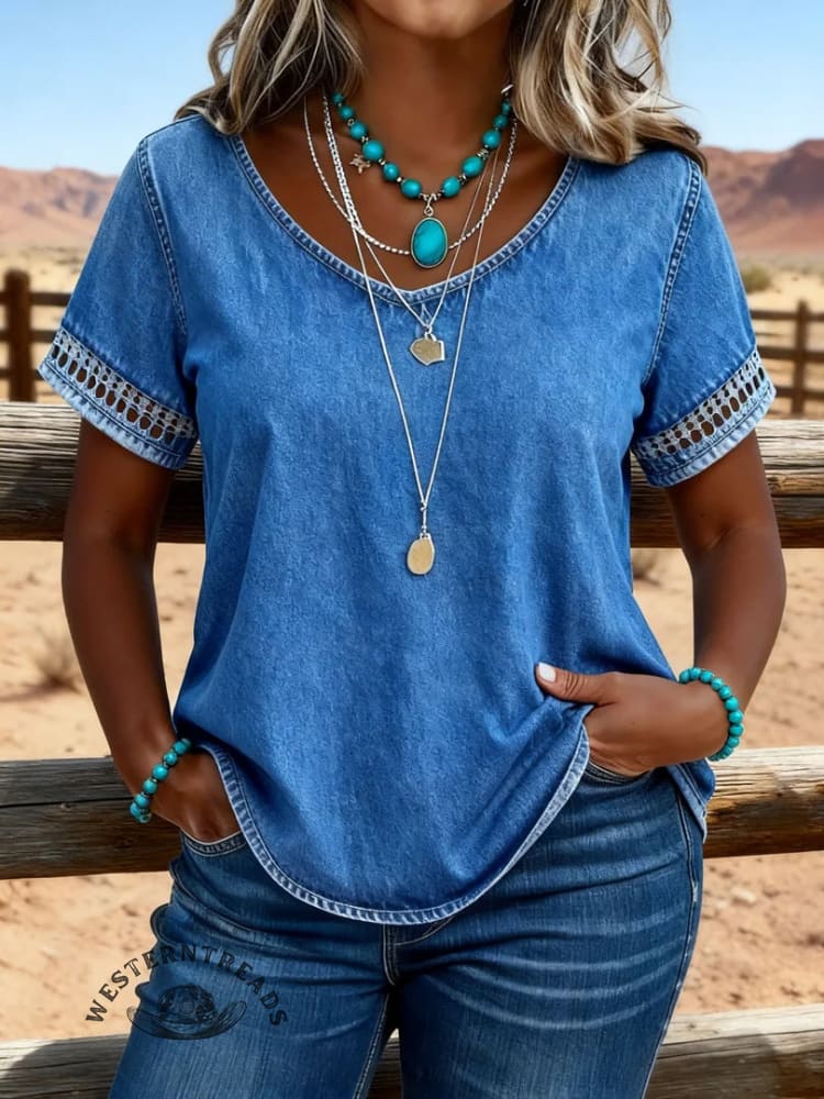 Women's Vintage Print Casual Hollow-Out Denim Shirt