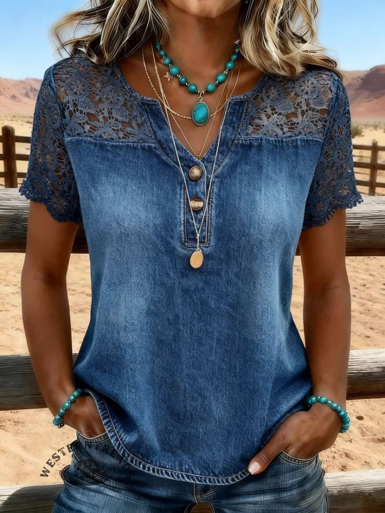 Women's Vintage Print Casual Hollow-Out Denim Shirt