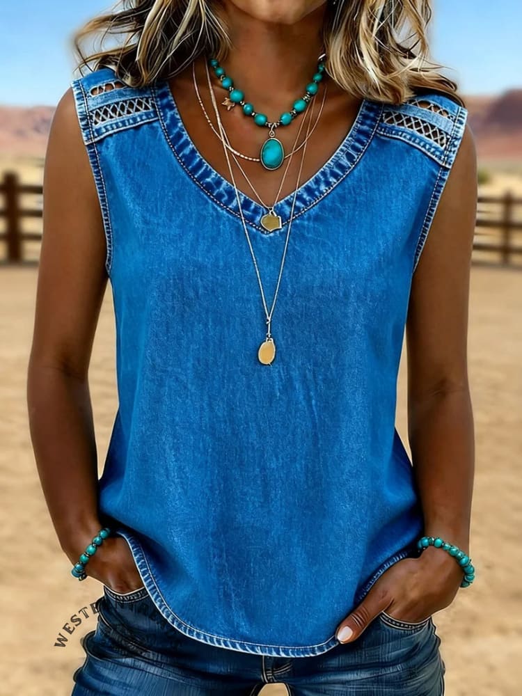 Women's Vintage Print Casual Hollow-Out Denim Shirt