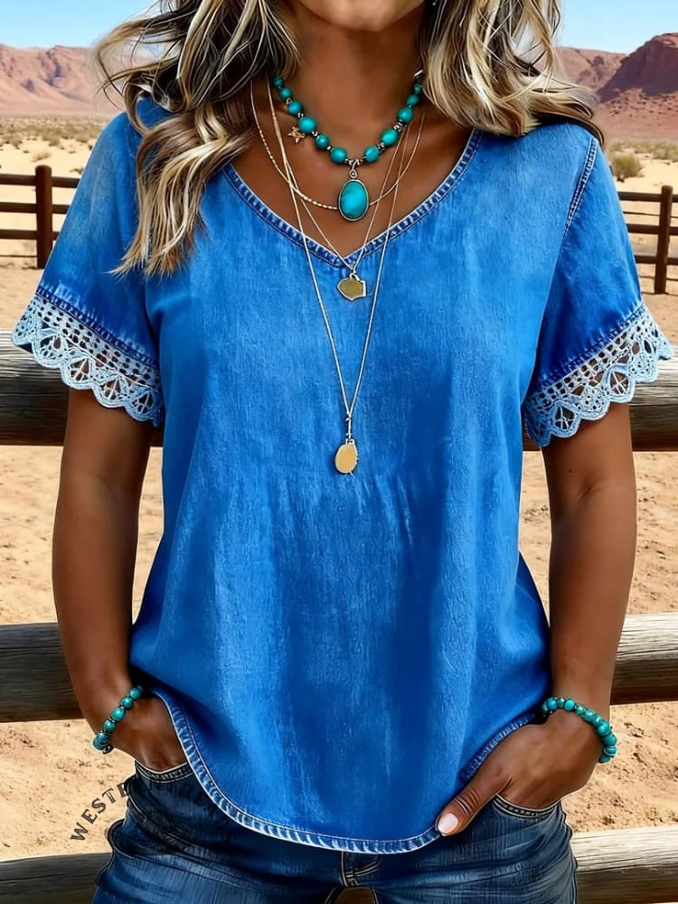 Women's Vintage Print Casual Hollow-Out Denim Shirt