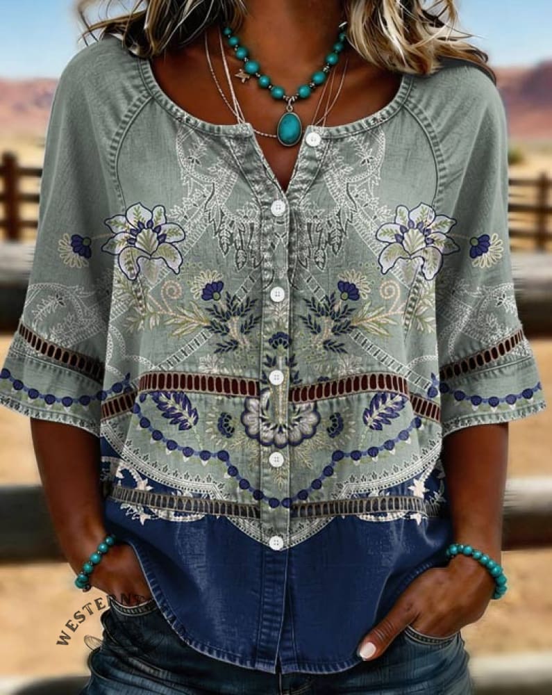 Women's Vintage Print Casual Hollow-out Top