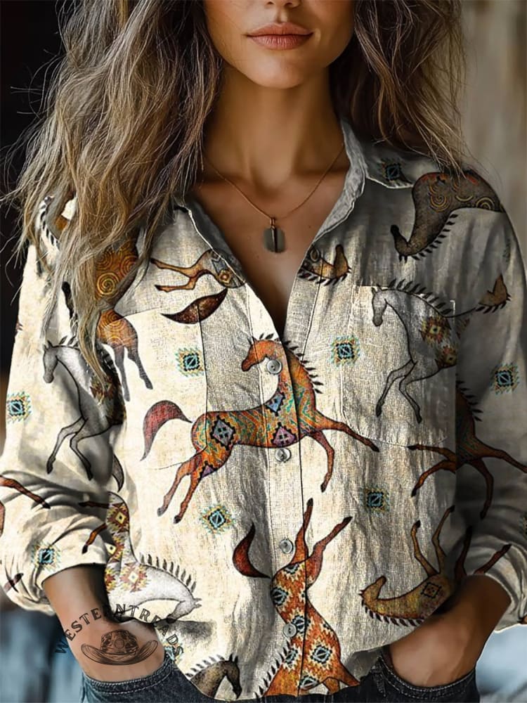 Women's Vintage Print Casual Long Sleeve Comfortable Cotton Shirt