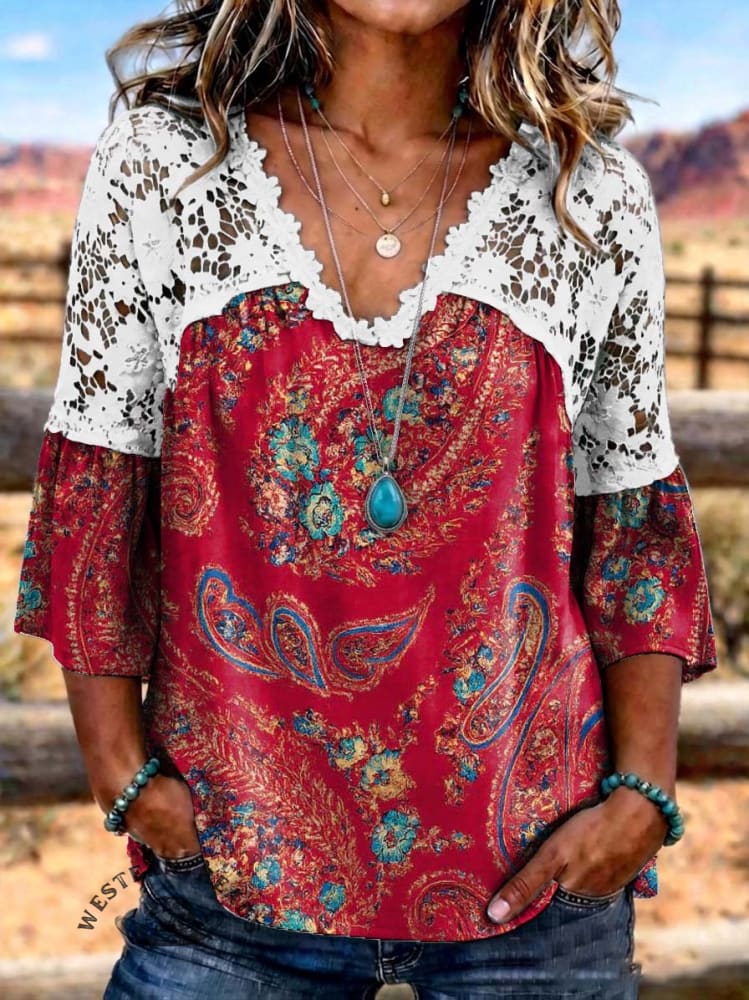 Women's Vintage Print Casual Loose Lace Shirt