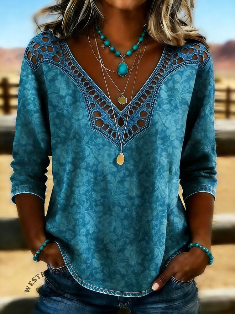 Women's Vintage Printed V-Neck Hollow Casual Shirt
