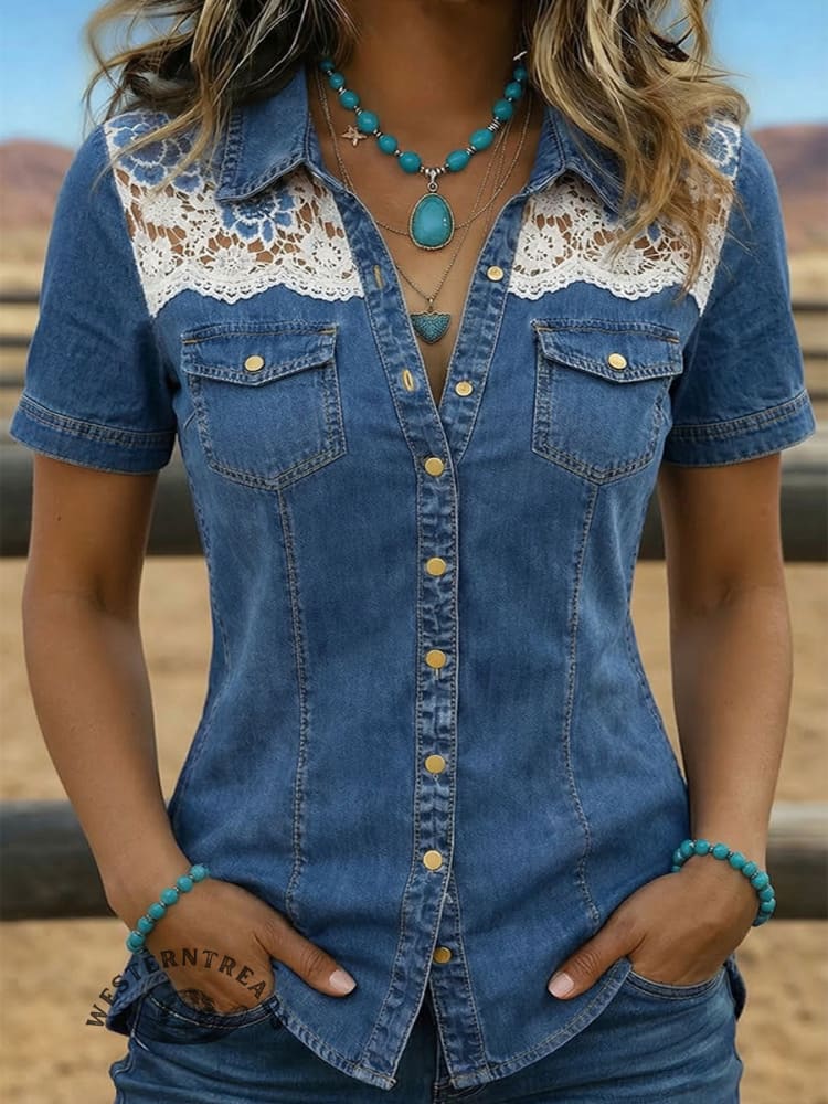 Women's Vintage Western Lace Patchwork Denim Shirt