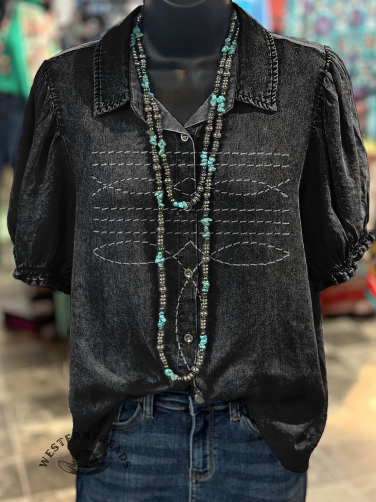 Women's Western Boots Pattern Print Casual Cotton Shirt - Image 3
