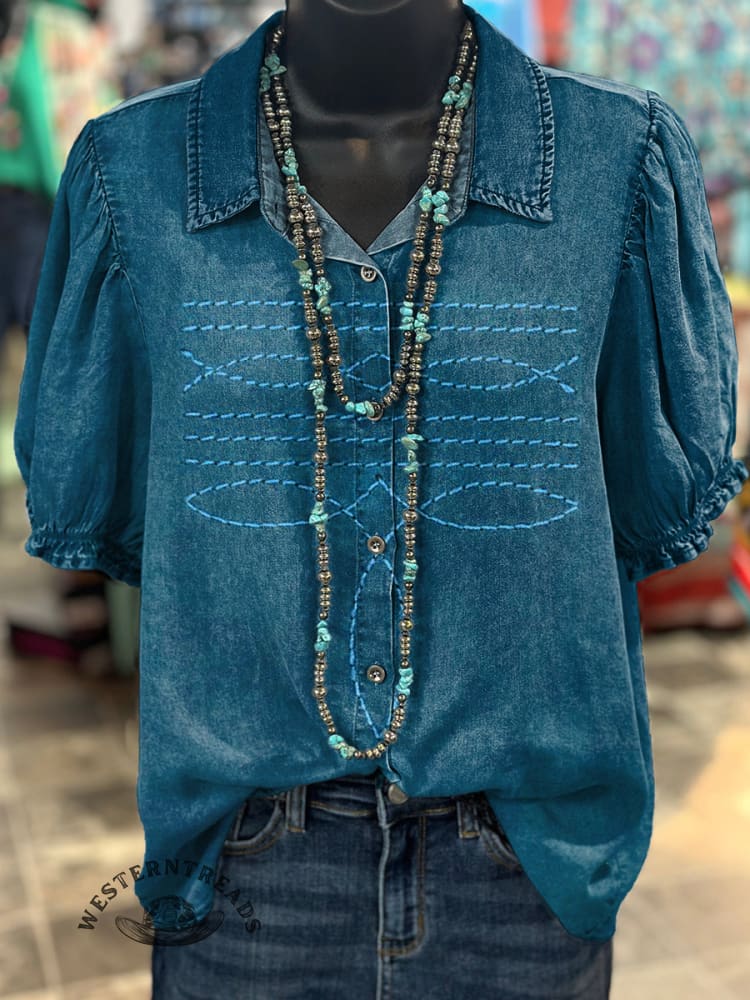 Women's Western Boots Pattern Print Casual Cotton Shirt - Image 5