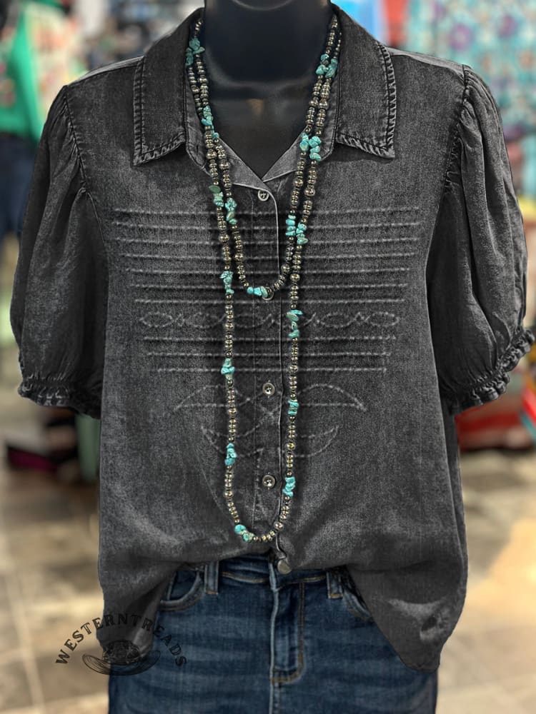Women's Western Boots Pattern Print Casual Cotton Shirt - Image 4
