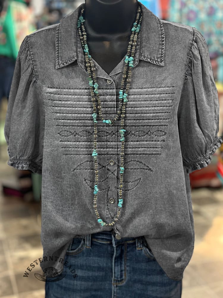 Women's Western Boots Pattern Print Casual Cotton Shirt - Image 5
