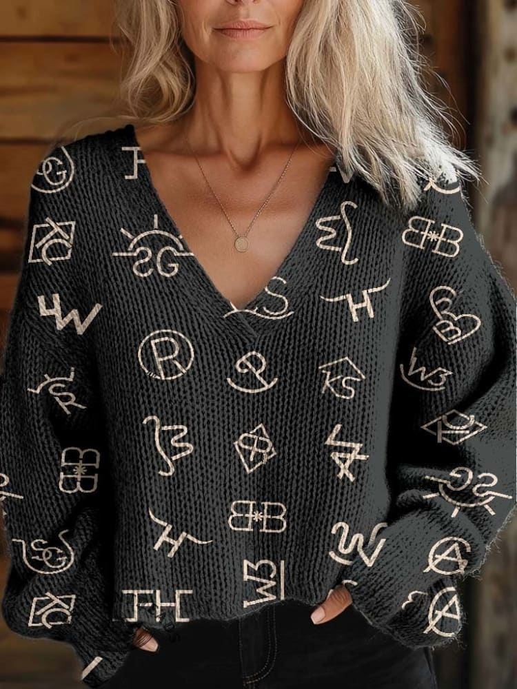 Women's Western Cattle Brands Print Casual V-neck Pullover Knit - Image 4