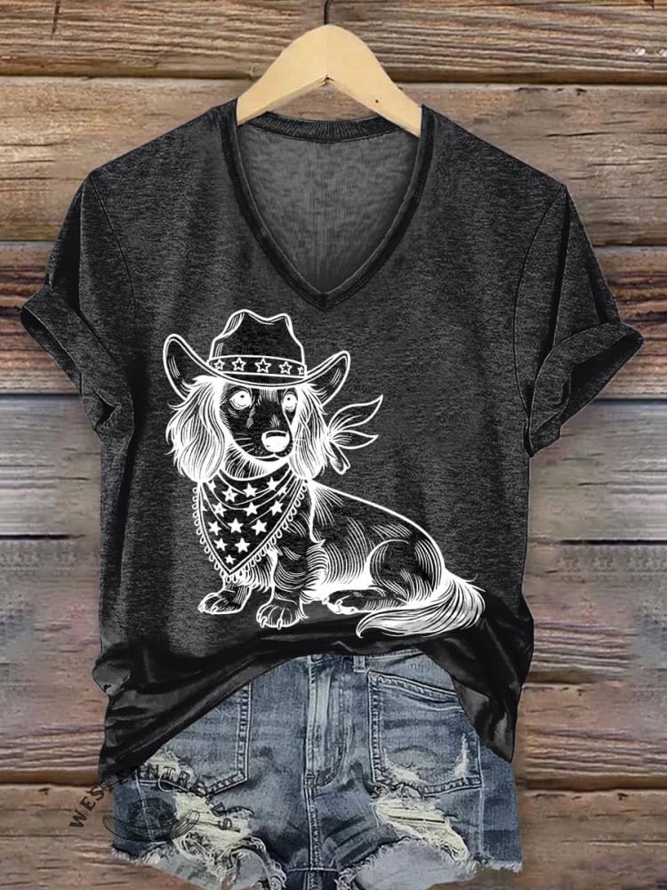 Women's Western Cowboy Dog Print V-neck Casual T-Shirt - Image 3