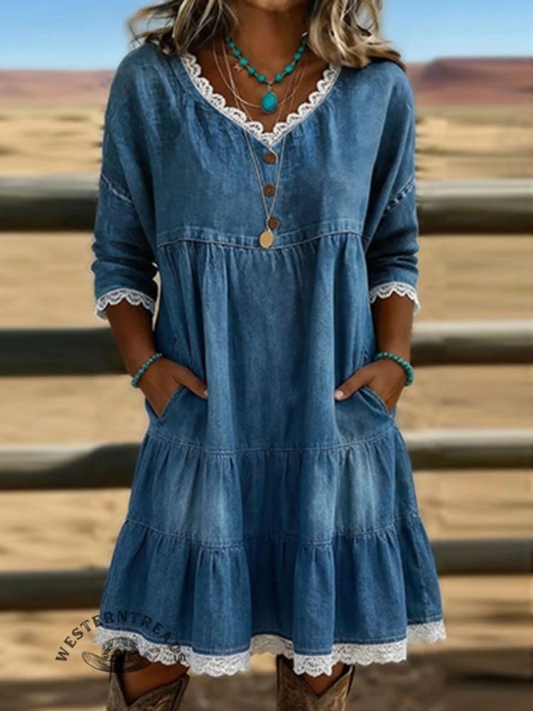 Women's Western Hollow V-Neck Denim Casual Dress