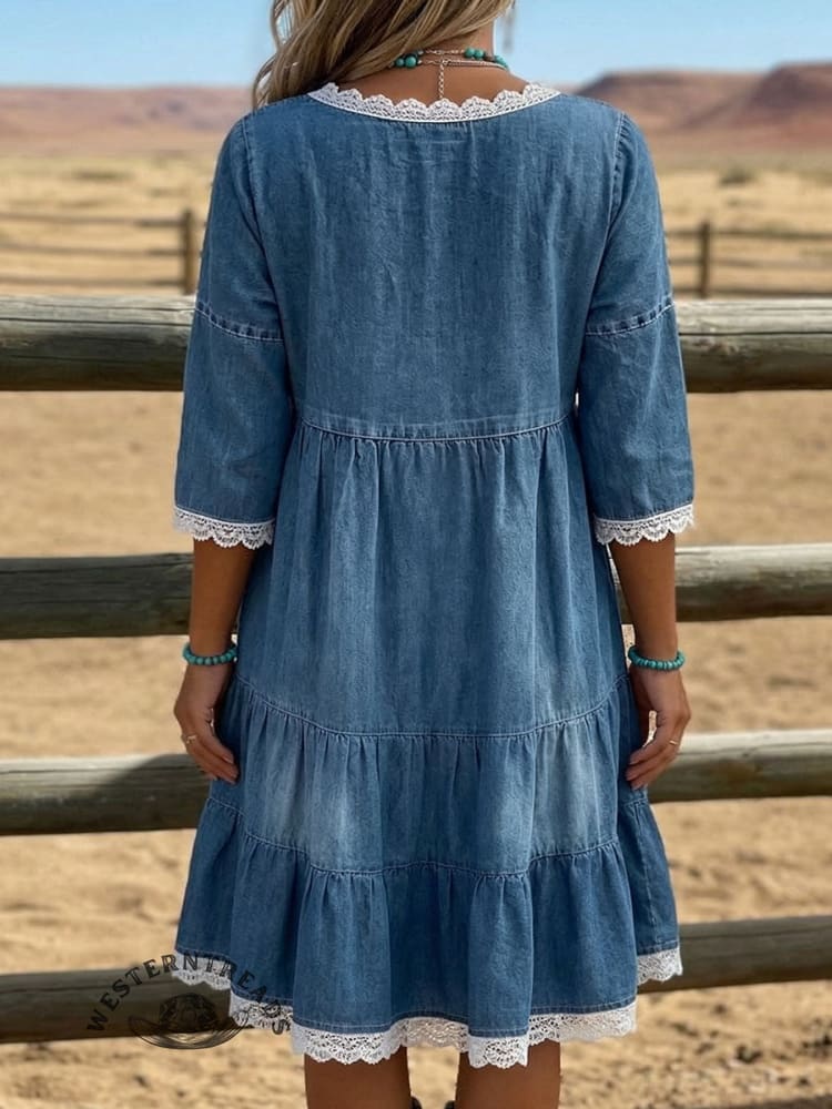 Women's Western Hollow V-Neck Denim Casual Dress - Image 2