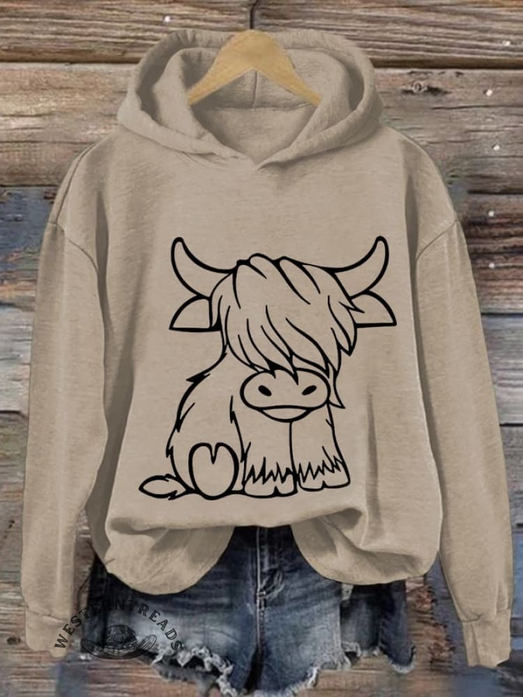 Women'S Western Highland Cow Print Casual Hoodie - Image 4