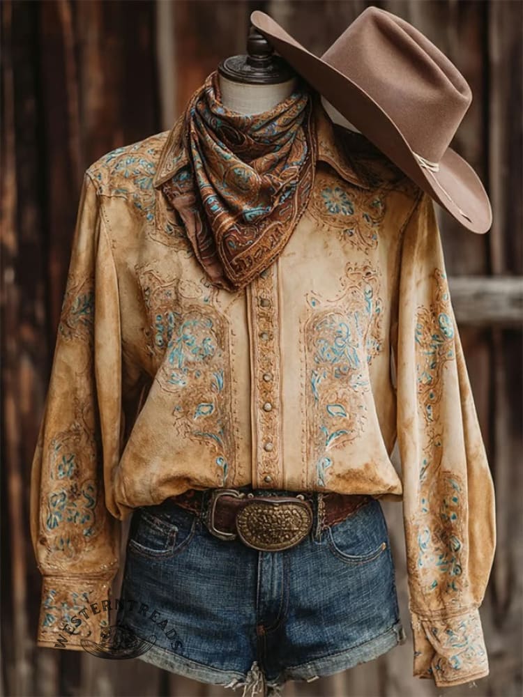 Women's Western Print Casual Linen V-neck Shirt