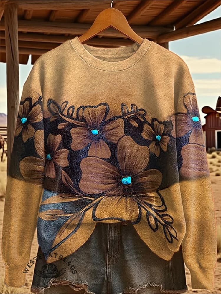 Women's Western Style Print Crew Neck Sweatshirt